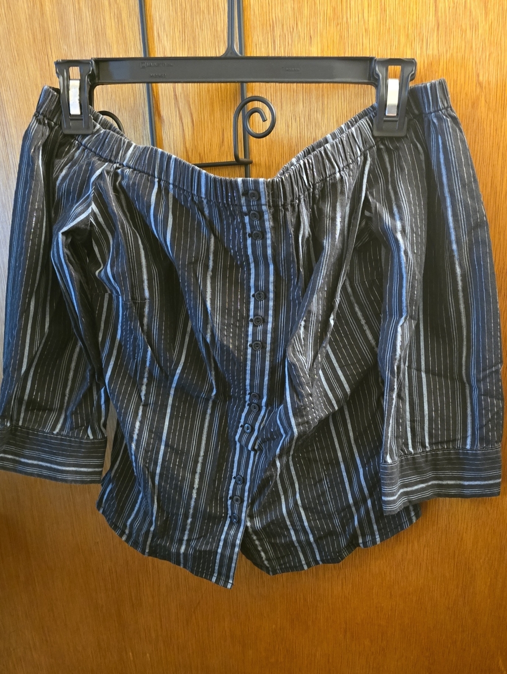 Taunt Black and Blue Striped Off-Shoulder Button-Down Top